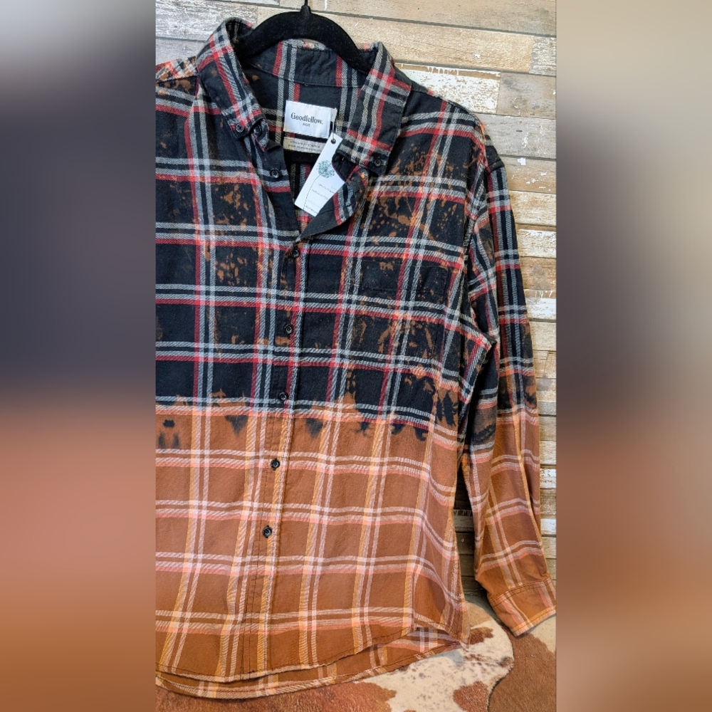 Credence Clearwater Revival Upcycled Dip Dye Bleached Flannel Shirt - Picture 13 of 15